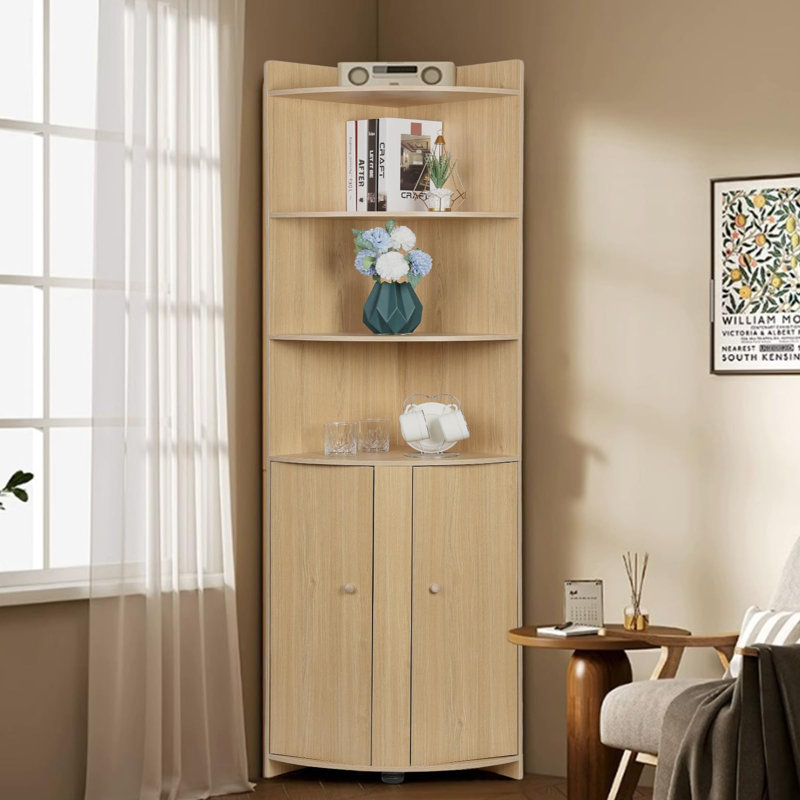 Latitude Run Tall Corner Cabinet Corner Shelf Multi Tiers With Doors Corner Bookcase With Storage Home Floor Corner Cabinet With Two Doors And Shelves Farmhouse Cabinet With Barn Open Shelves Wooden C...